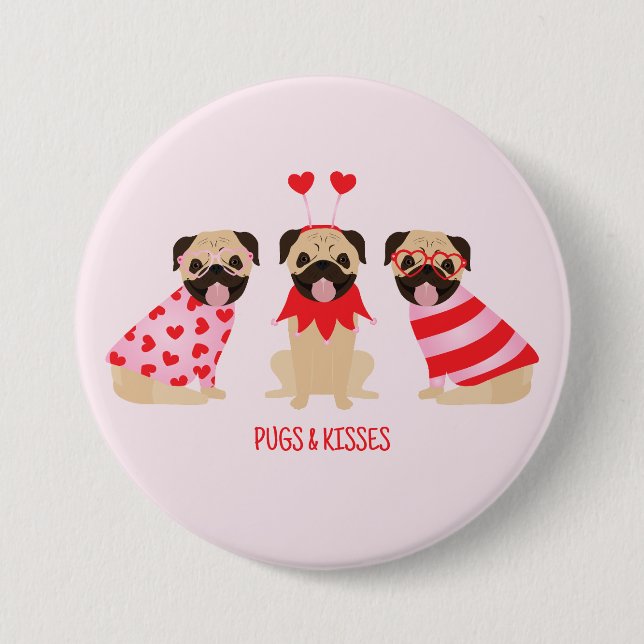 Pugs och Kisses Cute Pug Hundar Knapp (Framsida)