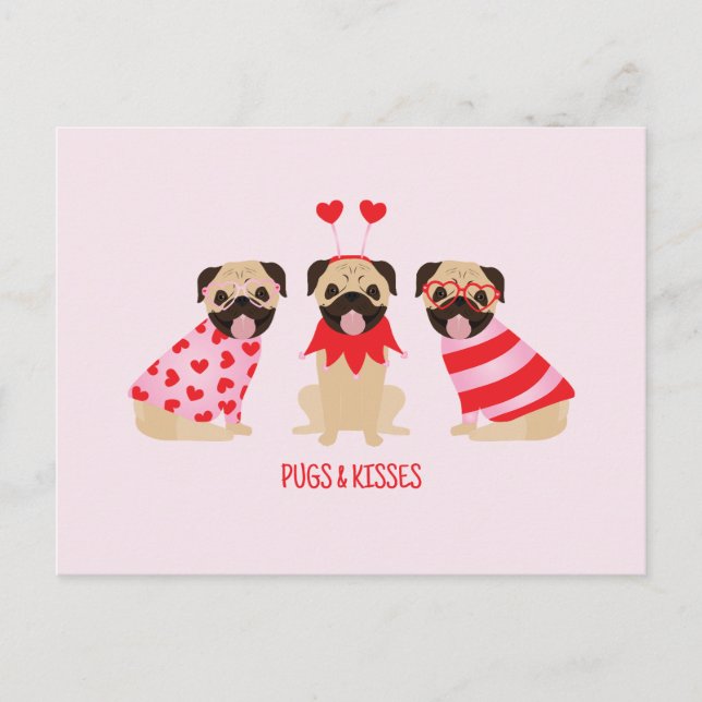 Pugs och Kisses Cute Pug Hundar Vykort (Framsida)