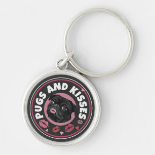 Pugs och Kisses Cute Pun Pug Älskare Rund Silverfärgad Nyckelring