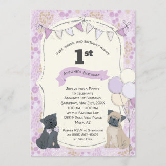 Pugs och Kisses Puppy Hund Photo Birthday Inbjudningar