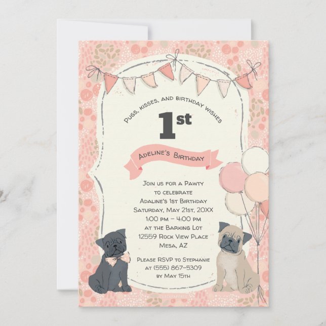 Pugs och Kisses Puppy Hund Photo Birthday Inbjudningar (Framsida)