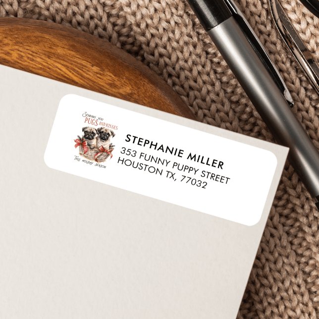 PUGS OCH KISSES PUPPY THEMED CHRISTMAS RETURADRESS ETIKETT ( Christmas Pug-Themed Return Address Label)