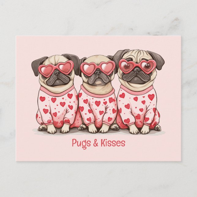 Pugs och Kisses Valentines day Pug Hundar Helg Vykort (Framsida)