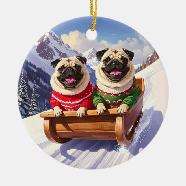 Pugs Sled Ride jul Julgransprydnad Keramik (Framsidan)