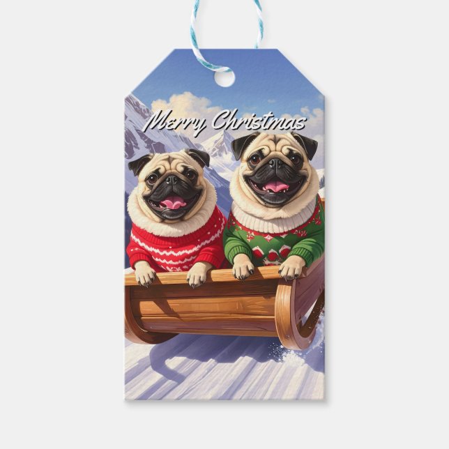 Pugs Sled Ride jul Presentetikett (Framsidan)