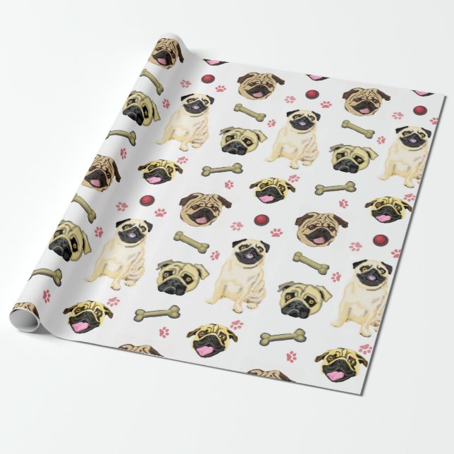 Pugs White Gift Wrap Presentpapper (Utrullad)