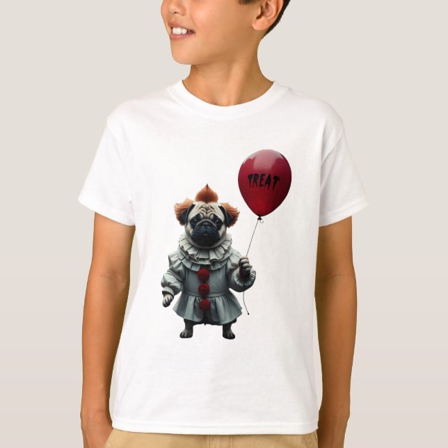 Pugwise Clown – Rolig Halloween-Pug T Shirt (Framsida)