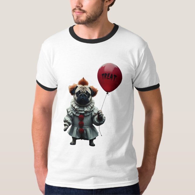 Pugwise the Clown – Funny Halloween Pug T Shirt (Framsida)