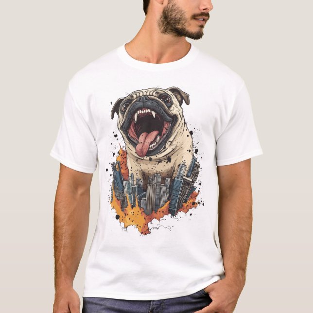 Pugzilla Attacks � Funny Monster Dog T Shirt (Framsida)