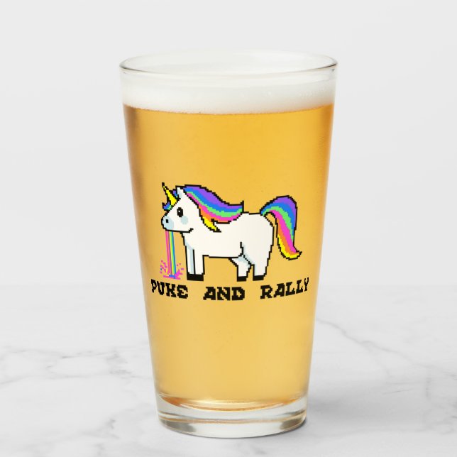 Puke & Rally Rainbow Enhörning Pint Glas | Pixel (Framsida fylld)