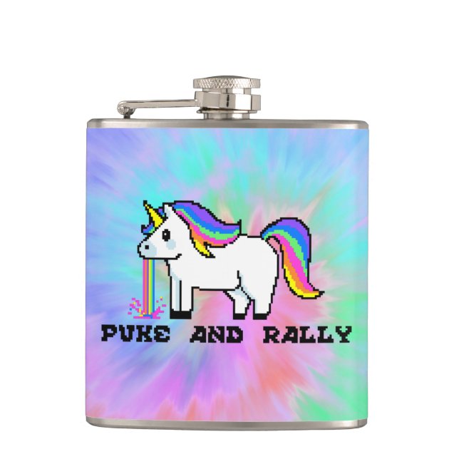 Puke & Rally Rainbow Enhörningsflaska | Tie-Dye Pa Fickplunta (Framsidan)