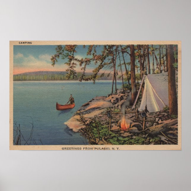 Pulaski, NY View of Canoe, Camping, Tält, Sjö Poster (Framsidan)
