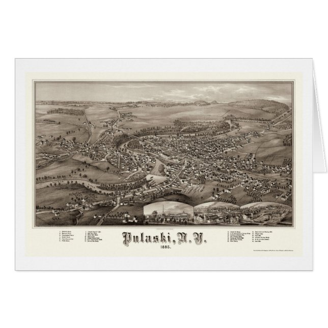 Pulaski panorama- karta för NY - 1885 Hälsningskort (Framsidan Horizontal)