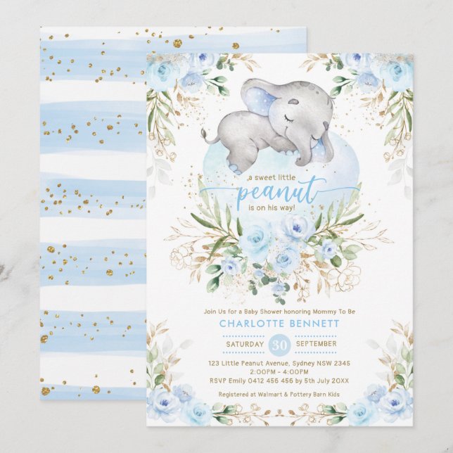 Pulder Blue Elephant Boy Baby Shower-inbjudan Inbjudningar (Fram/baksida)