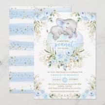 Pulder Blue Elephant Boy Baby Shower-inbjudan