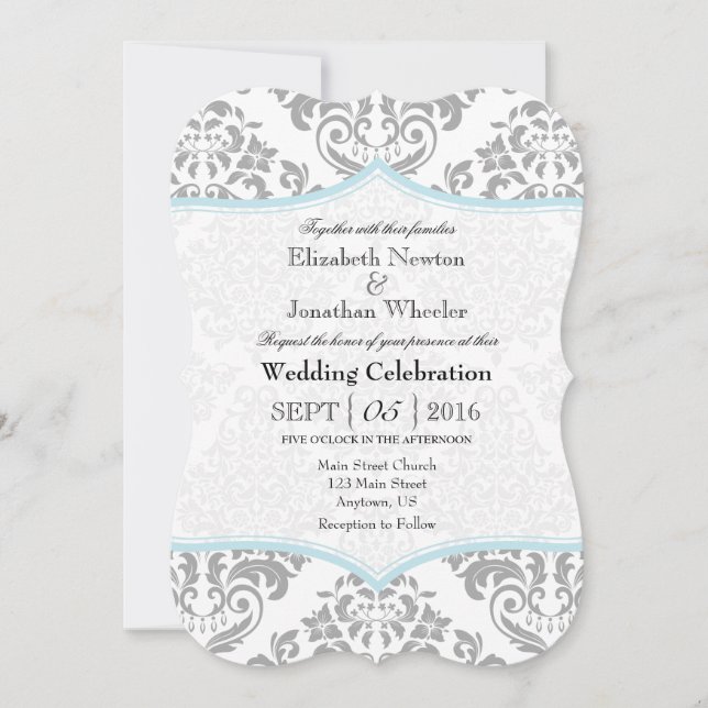 Pulder Blue Grått Damask Bracket Wedding bjudande  Inbjudningar (Framsida)