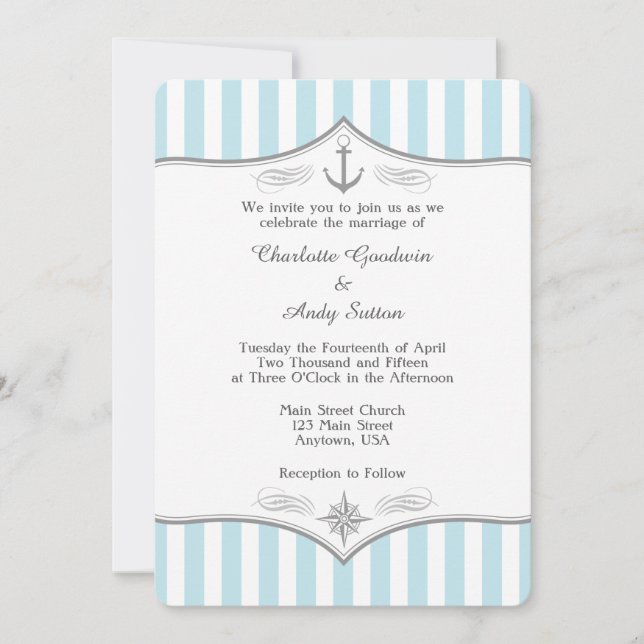 Pulder Blue Grått Nautical Wedding bjudande Inbjudningar (Framsida)