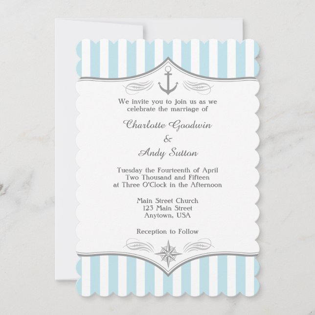 Pulder Blue Grått Nautical Wedding bjudande Inbjudningar (Framsida)