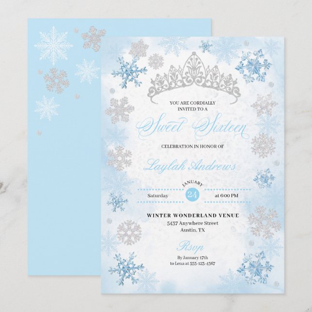 Pulder Blue Winter Wonderland Snowflake Sweet 16 Inbjudningar (Fram/baksida)