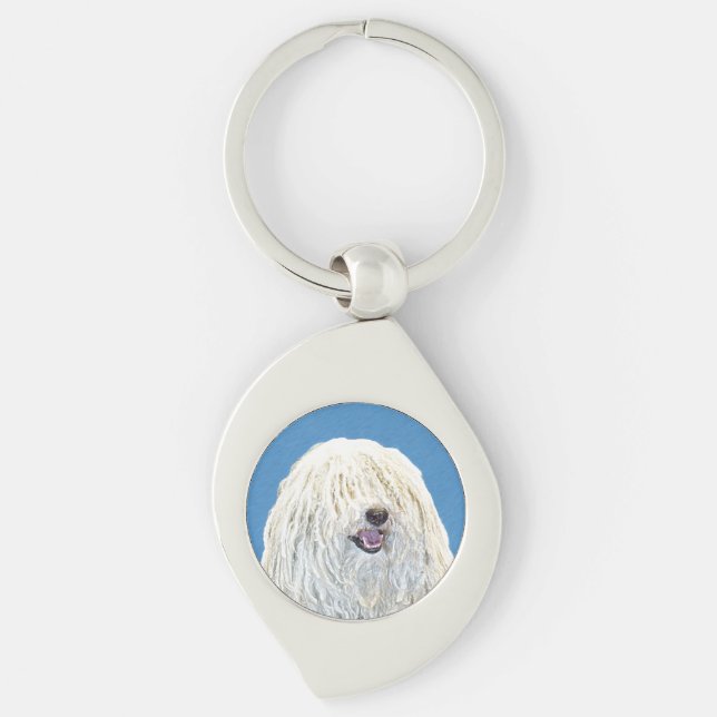 Puli Painting - Cute Original Hund Art Swirl Silverfärgad Nyckelring (Framsidan)
