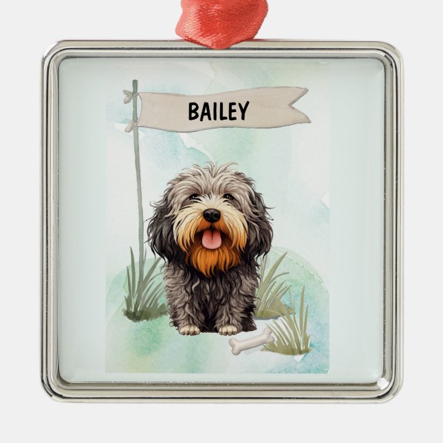 Puli Watercolor Personalized Dog Julgransprydnad Metall (Framsidan)