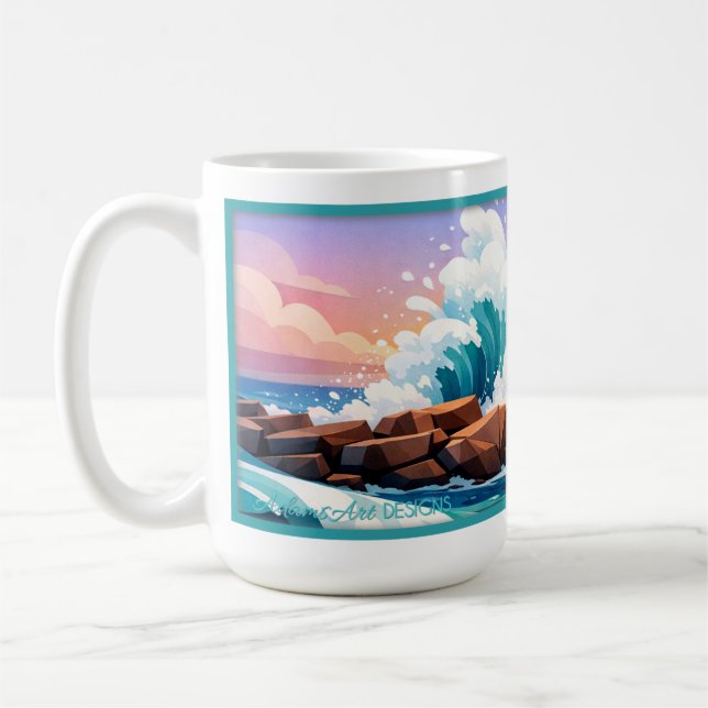 Pulserande havsvåg som kraschar mot klippig strand kaffemugg (Vänster)
