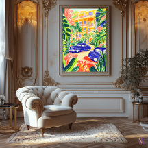 Pulserande stadsgata med klassiska bilar i fauvist