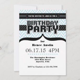 Pulver Blue Black Herringbone Birthday Inbjudan