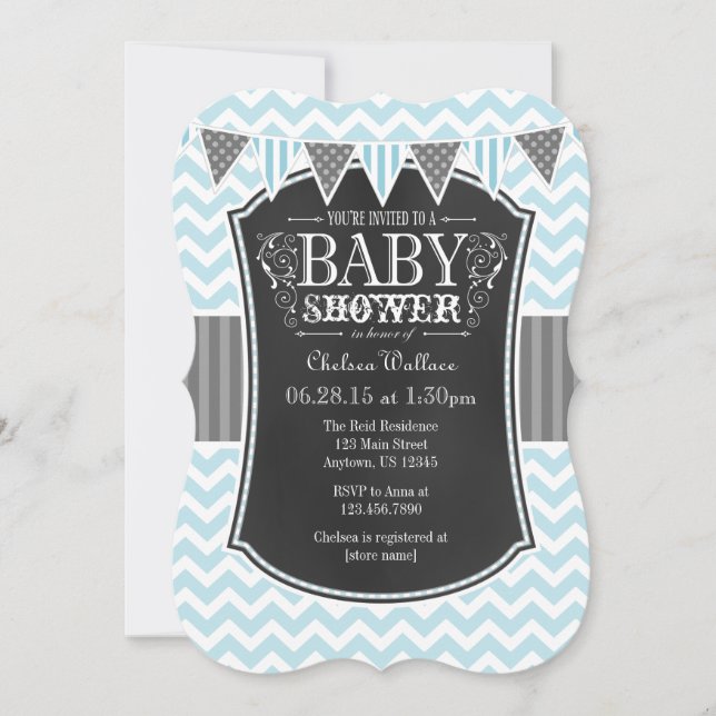 Pulver Blue Chalkboard Chevron Baby Shower Inbjuda Inbjudningar (Framsida)