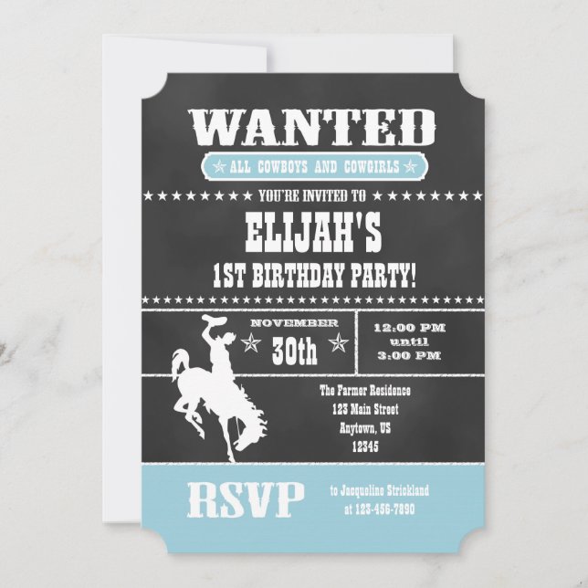 Pulver Blue Chalkboard Cowboy Birthday-inbjudan Inbjudningar (Framsida)