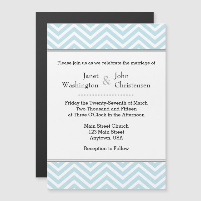 Pulver Blue Chevron Magnetic Wedding bjudande Magnetisk Inbjudningskort (Fram/baksida)