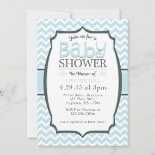 Pulver Blue Grått Chevron Baby Shower-inbjudan Inbjudningar