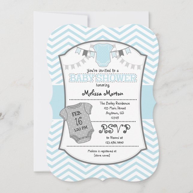 Pulver Blue Grått Chevron Baby Shower-inbjudan Inbjudningar (Framsida)