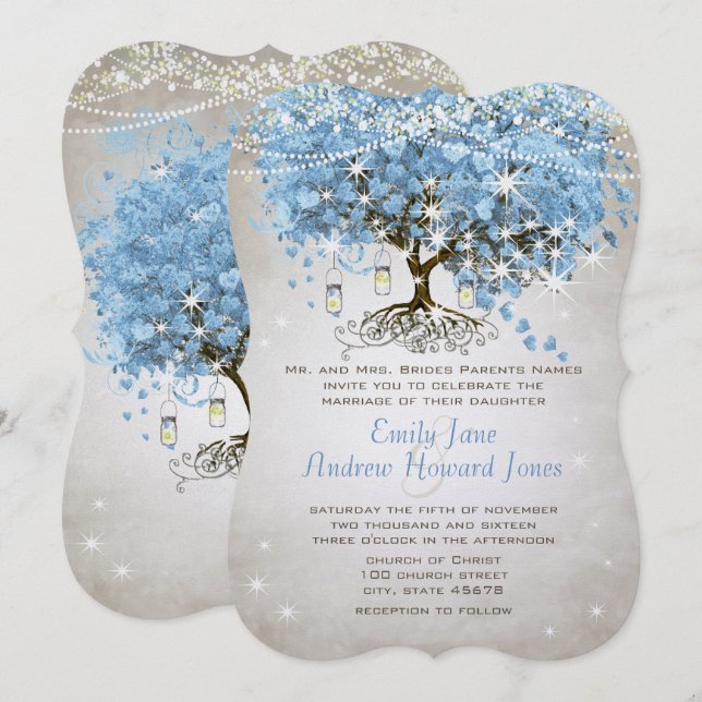 Pulver Blue Heart Löv Träd Inbjudningar (Fram/baksida)