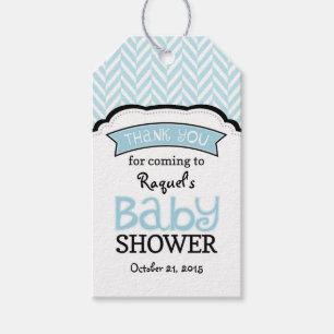 Pulver Blue Herringbone Baby Shower Tack Märkre Presentetikett