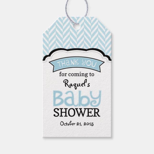 Pulver Blue Herringbone Baby Shower Tack Märkre Presentetikett (Framsidan)