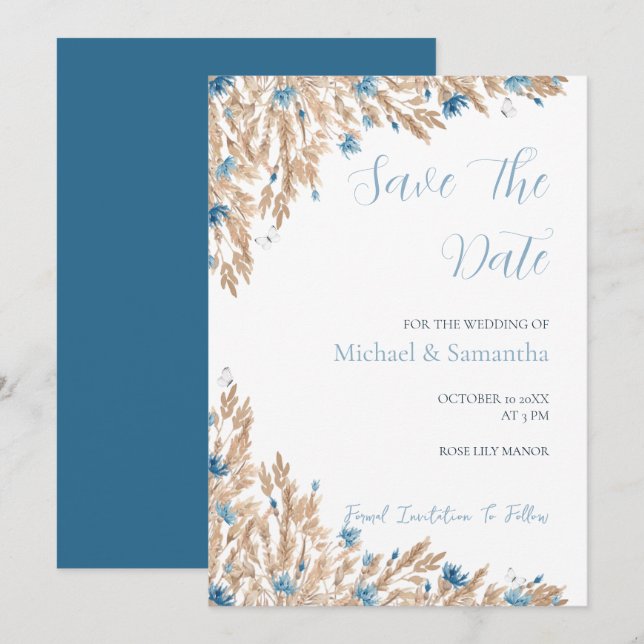 Pulver Blue Land Fält Bröllop Spara Datumet (Fram/baksida)