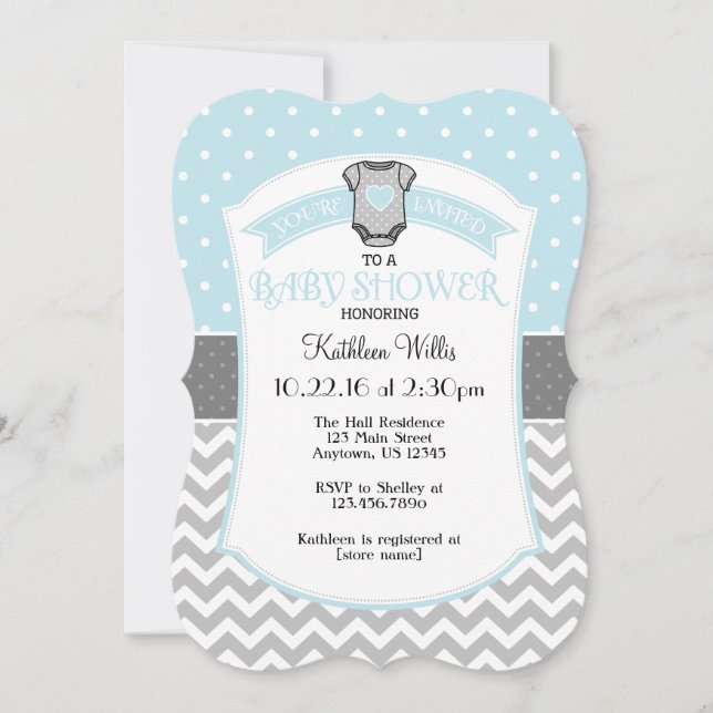 Pulver Blue Polka Dot Chevron Baby Shower Inbjudan (Framsida)
