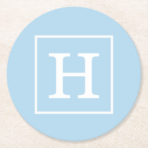 Pulver Blue White Framed Initial Monogram Underlägg Papper Rund