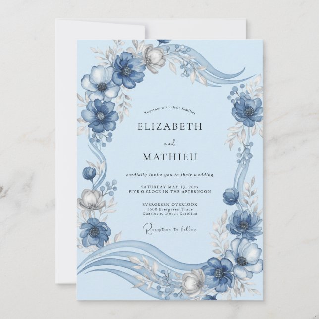 Pulver Lugn Blå Peony Bröllop Inbjudningar (Framsida)