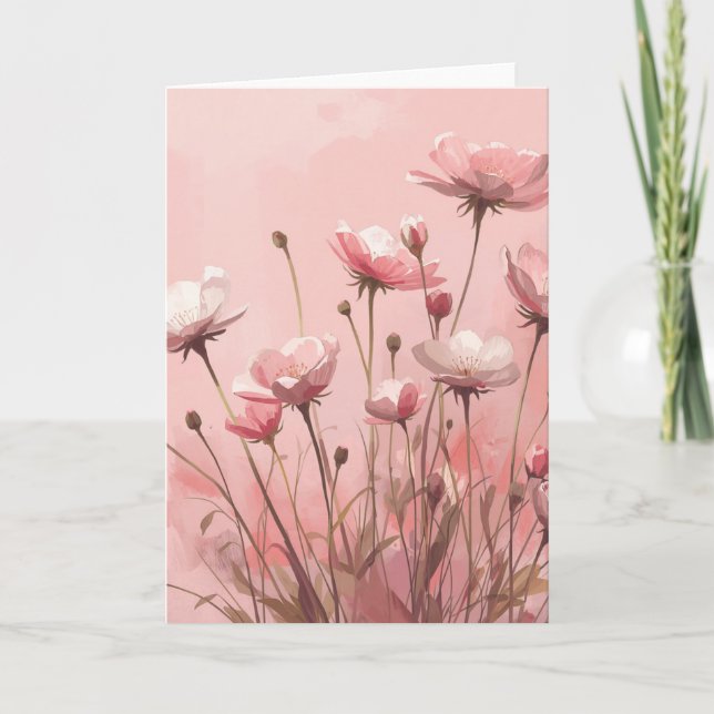 Pulver Rosa Bakgrund med vargar poppies Kort (Framsida)