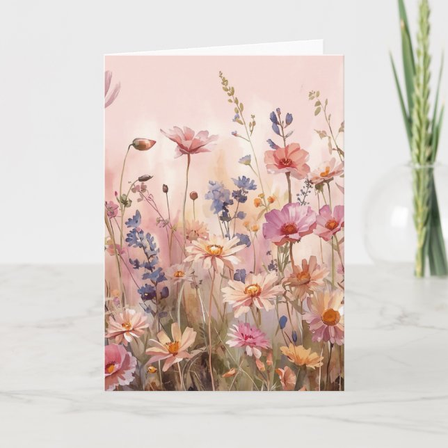 Pulver Rosa Bakgrund med vilda blommor tom kort (Framsida)