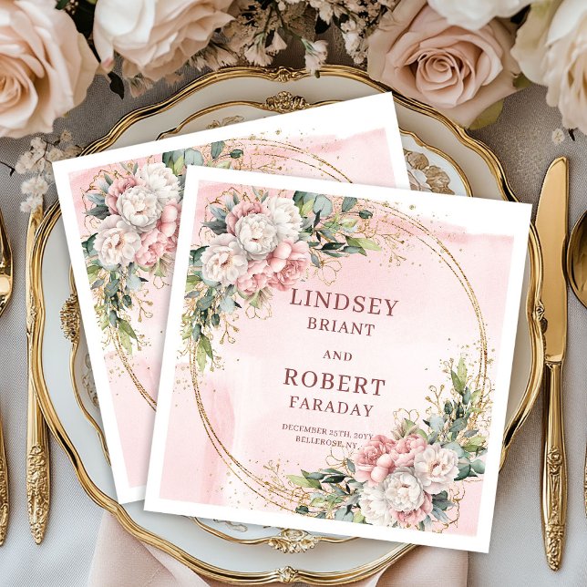 Pulver Rosa Blommor Grönska med Guld Glitter Bröll Pappersservett (Powder Pink Flowers Greenery with Gold Glitter Wedding Napkins)