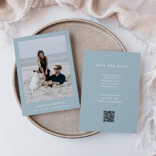 Pulverblå Elegant och Photo Bröllop QR-kod Spara Datumet