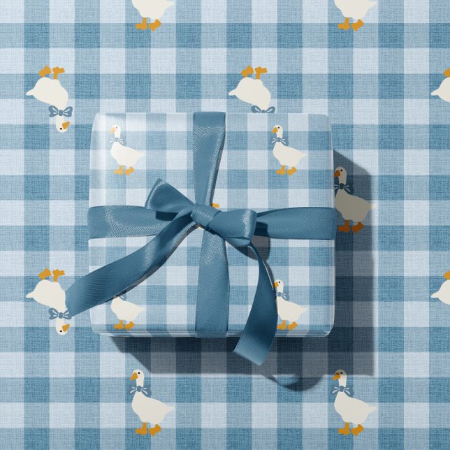 Pulverblå Gingham Gås Bebis Bafbuffel Rutig Presentpapper (Skapare uppladdad)