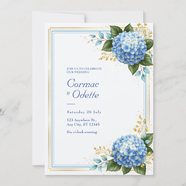 Pulverblå Hydrangea Guld Folie Romantik Bröllop Inbjudningar (Framsida)