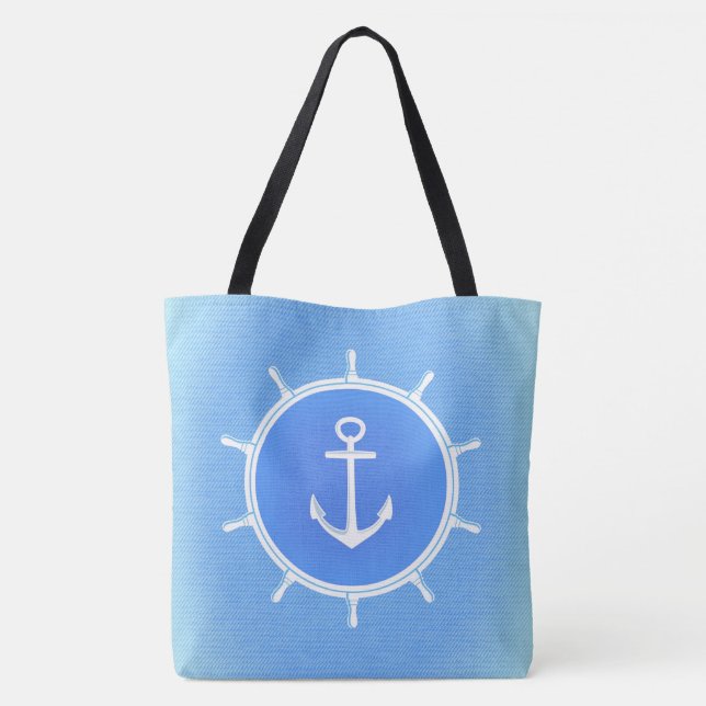 Pulverblå och vit nautisk ankar- och hjuldesign tygkasse (Baksida)