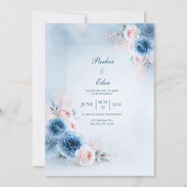 Pulverblå Röda Ros Blommig Ram Bröllop Inbjudningar (Framsida)