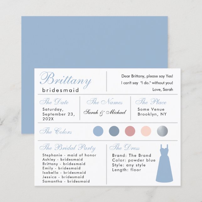 Pulverblå Silver Brudtärna Informationskort (Fram/baksida)