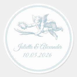 Pulverblå Toile de Jouy Cupid Klassisk Rund Bröllo Runt Klistermärke